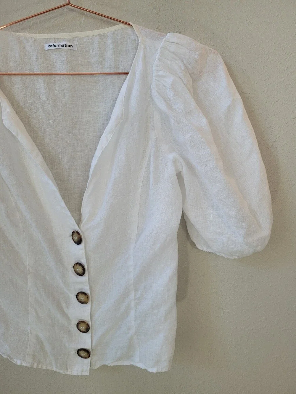 REFORMATION White Puff Sleeve Button Front Linen Top Size XS